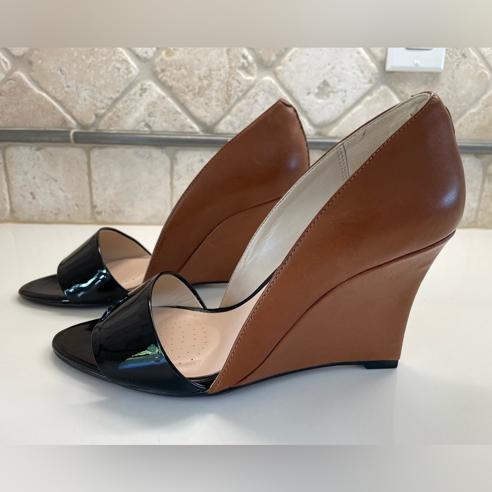 Clarks Elegant Black and Brown Black Patent and Cognac Leather Wedge Heels